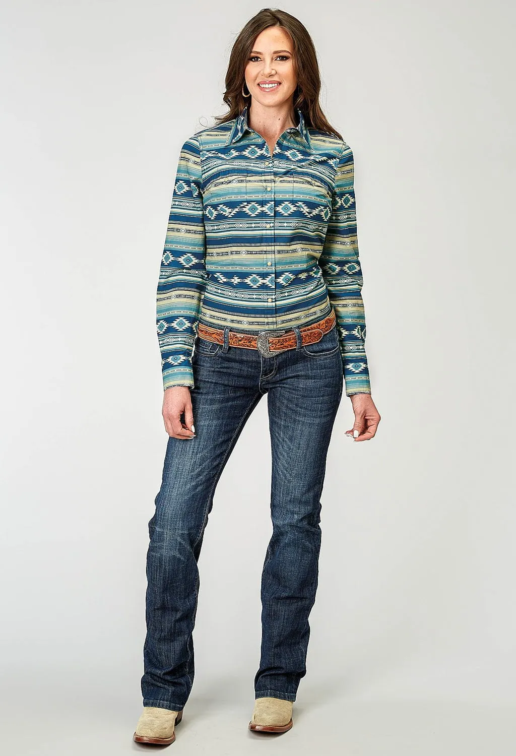 Roper Womens 1899 Aztec Blanket Blue 100% Cotton L/S Shirt Seasonal Comfort Bold Statement