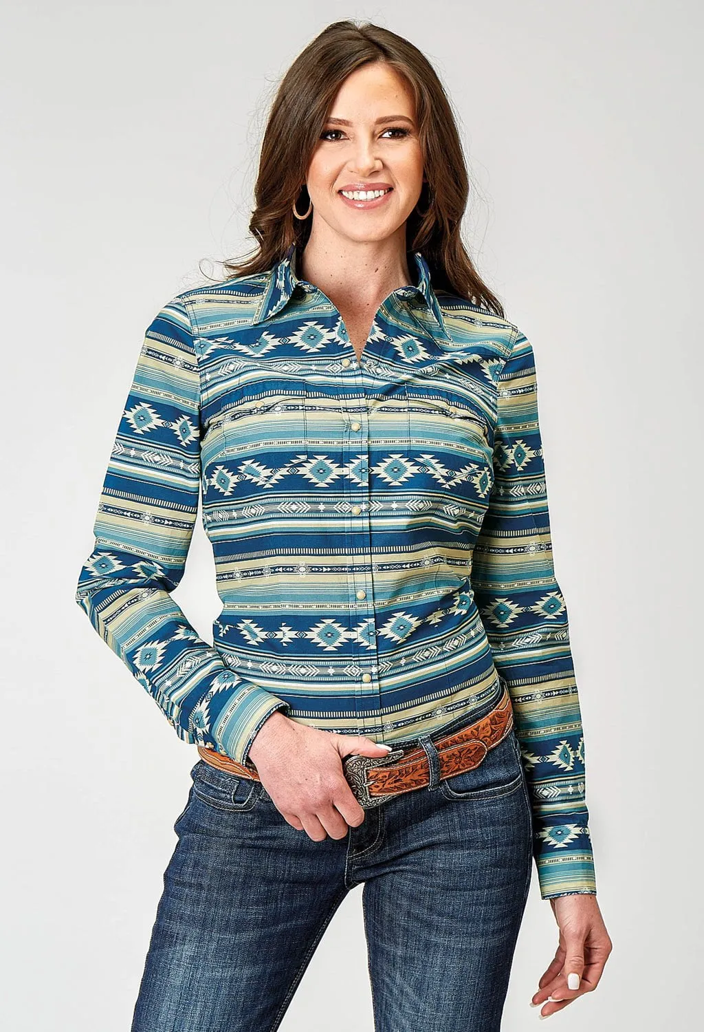 Classic Collar Roper Womens 1899 Aztec Blanket Blue 100% Cotton L/S Shirt