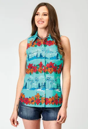 Roper Womens 1900 Hawaiian Blue 100% Cotton S/L Shirt Graphic Art Casual Hangout Roper Womens 1900 Hawaiian Blue 100% Cotton S/L Shirt