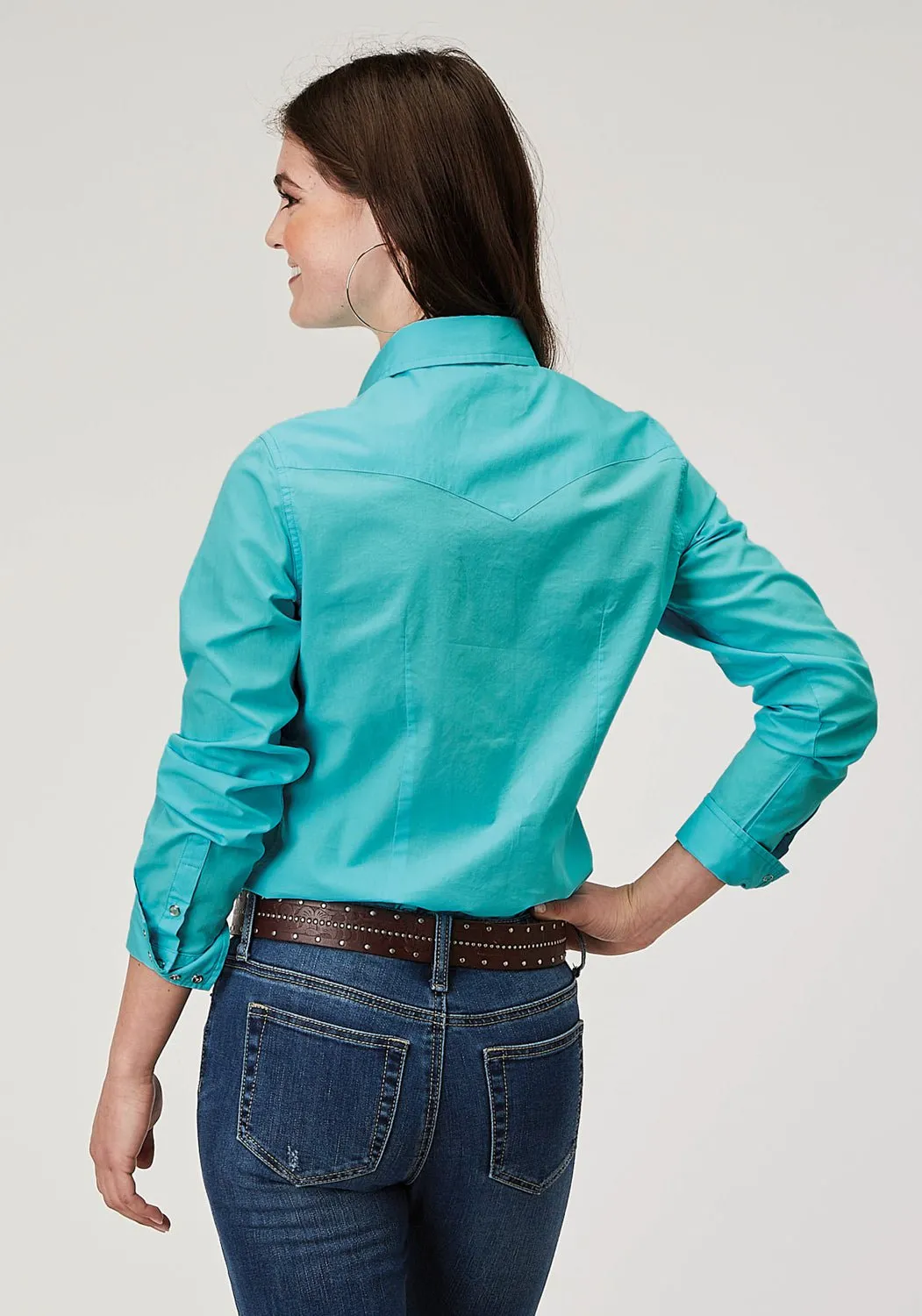 Roper Womens 1916 Solid Poplin Turquoise 100% Cotton L/S Shirt Sporty Comfort