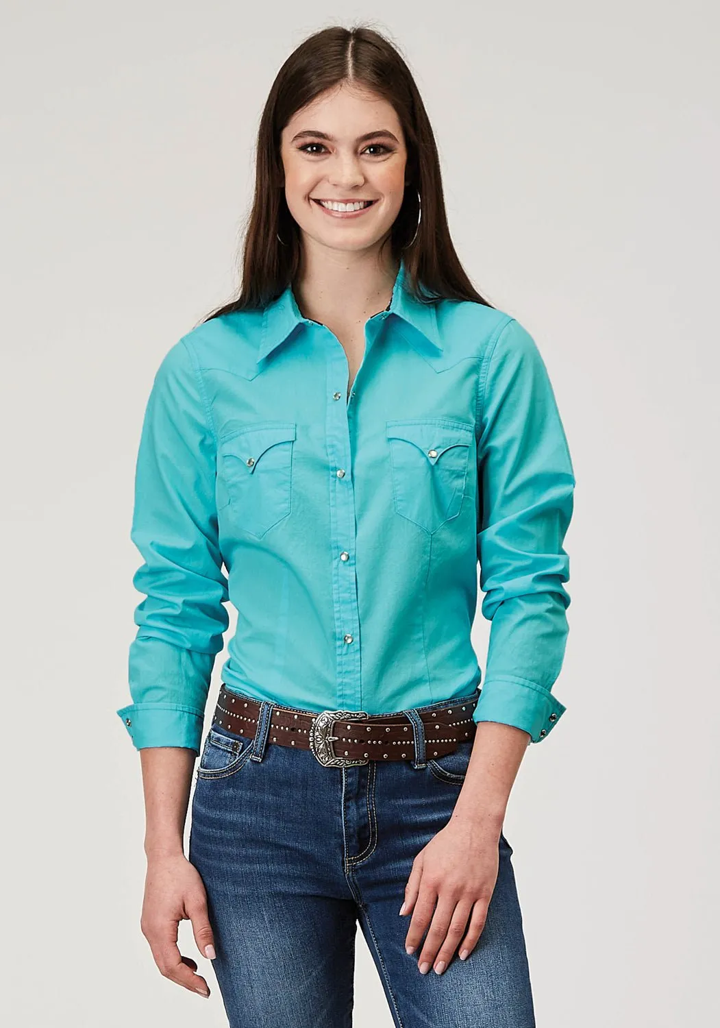 Loose style Roper Womens 1916 Solid Poplin Turquoise 100% Cotton L/S Shirt