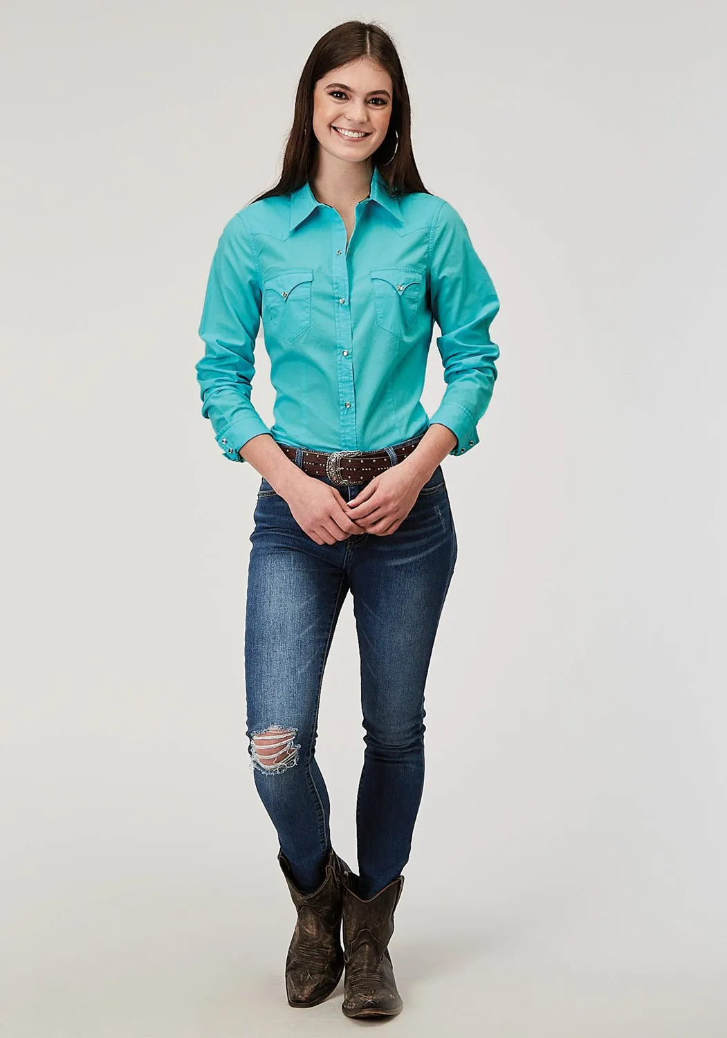 Odor control Roper Womens 1916 Solid Poplin Turquoise 100% Cotton L/S Shirt