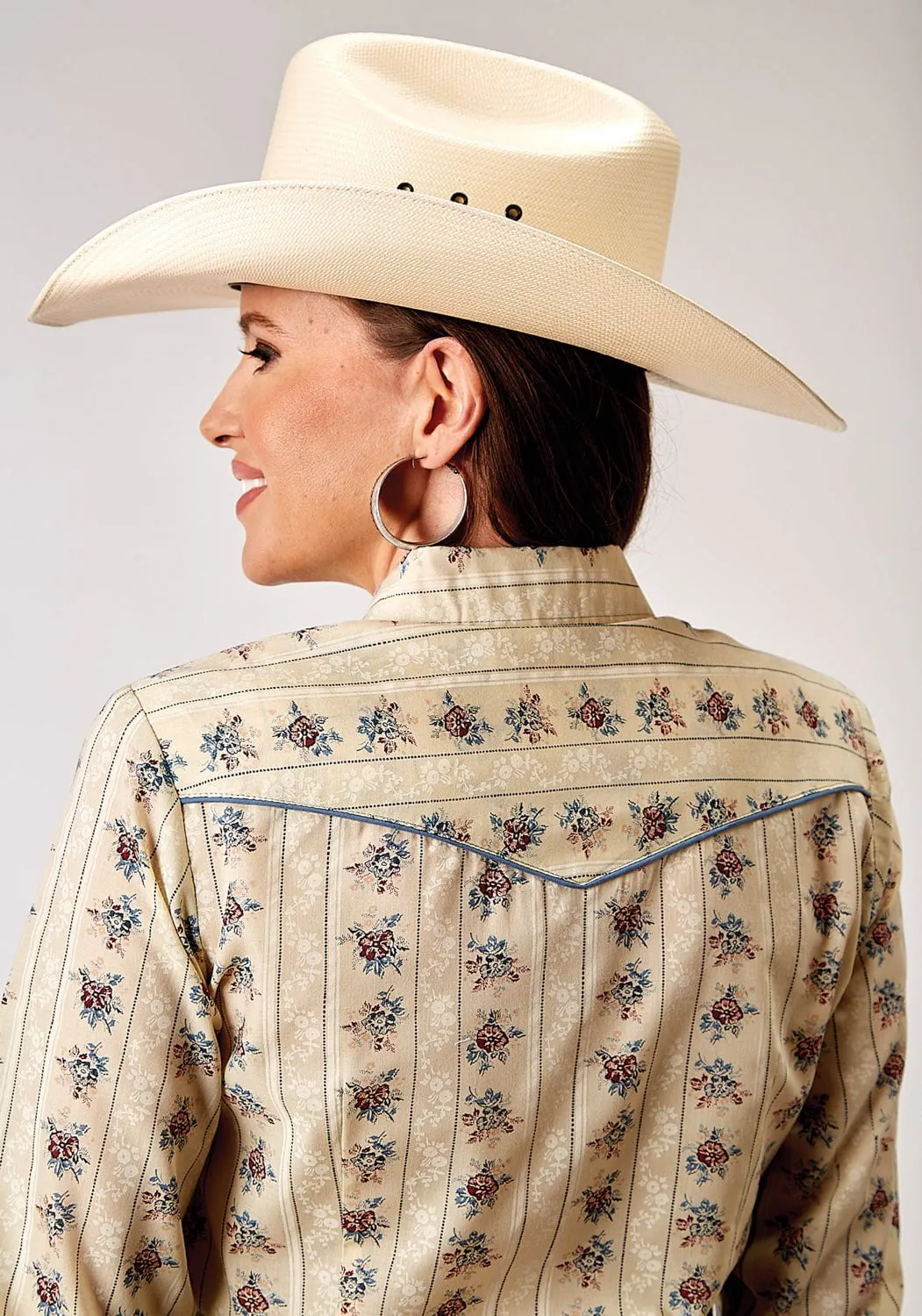 Midweight Textile Lakeside Relaxation Roper Womens 1963 Floral Stripe Yellow Poly/Cotton Retro L/S Shirt