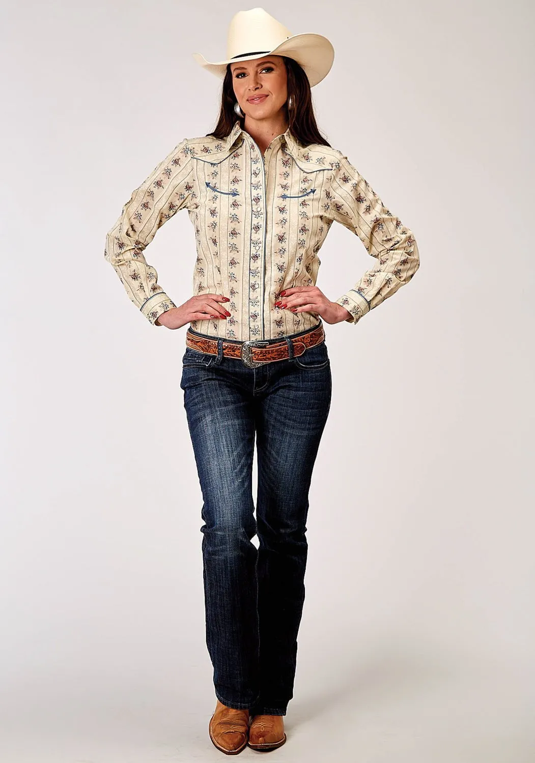 Roper Womens 1963 Floral Stripe Yellow Poly/Cotton Retro L/S Shirt Seasonal Trend Smooth Stitch Pattern