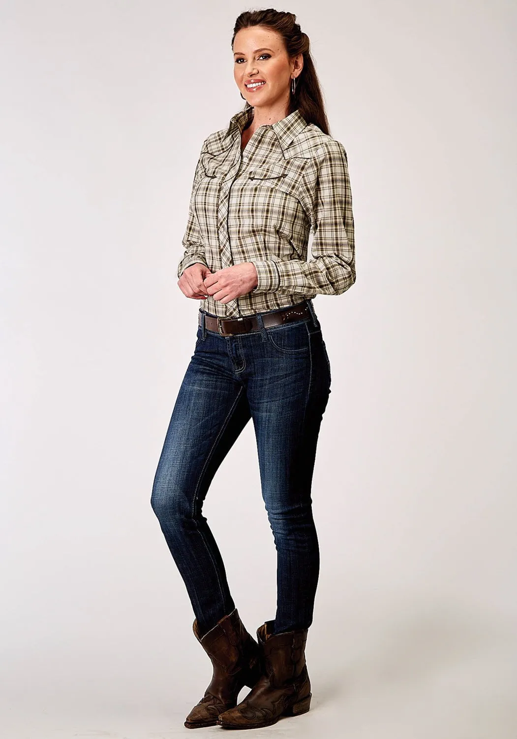 Flexible Shoulder Construction Roper Womens 1968 Desert Plaid Brown Cotton Blend Guitars L/S Shirt