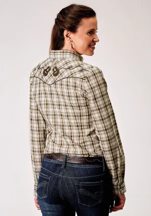 Roper Womens 1968 Desert Plaid Brown Cotton Blend Guitars L/S Shirt Button Down Collar Comfort Wear Roper Womens 1968 Desert Plaid Brown Cotton Blend Guitars L/S Shirt