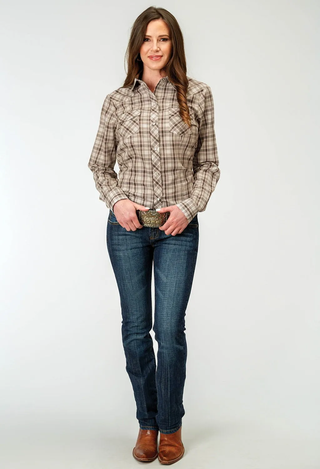 Roper Womens 1968 Desert Plaid Brown Cotton Blend L/S Shirt Tailored Cut