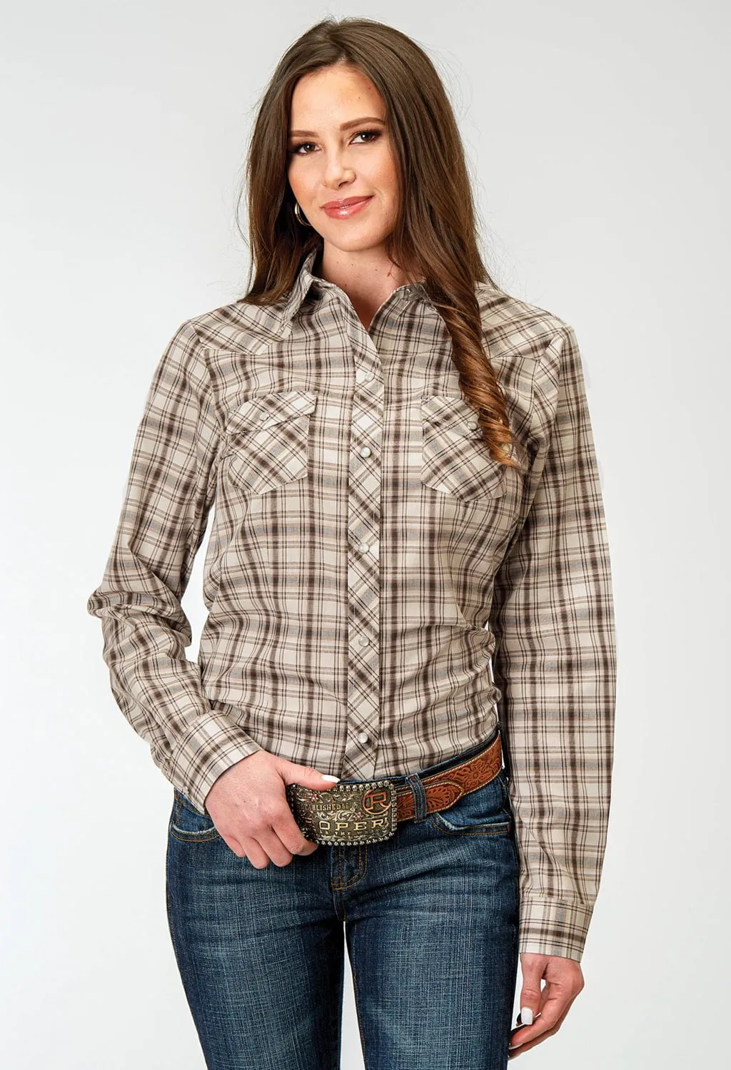 Roper Womens 1968 Desert Plaid Brown Cotton Blend L/S Shirt Edgy Fashion Casual Elegance