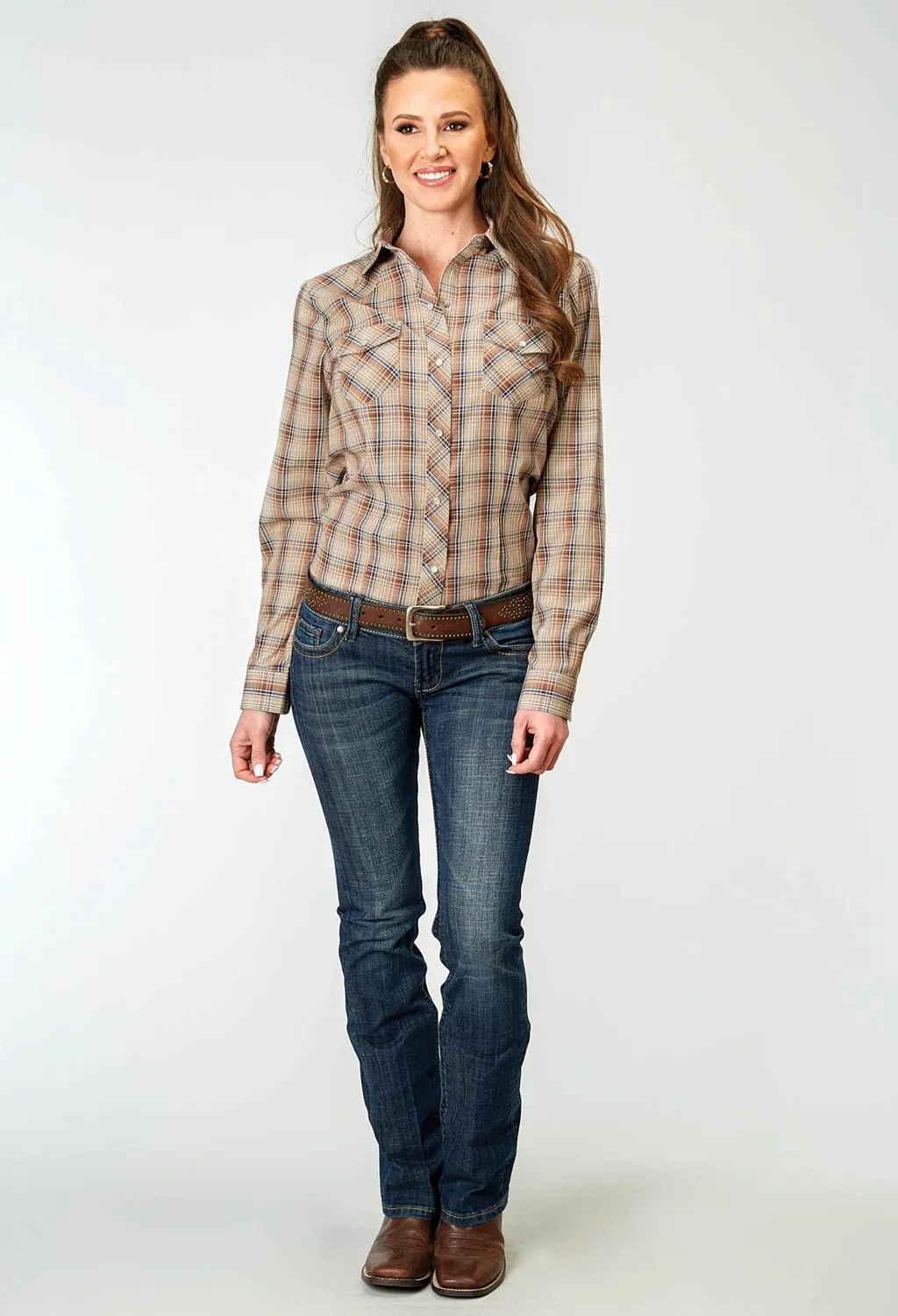 crew neck Abrasion Resistant Edging Roper Womens 1970 Plaid Brown Cotton Blend L/S Shirt