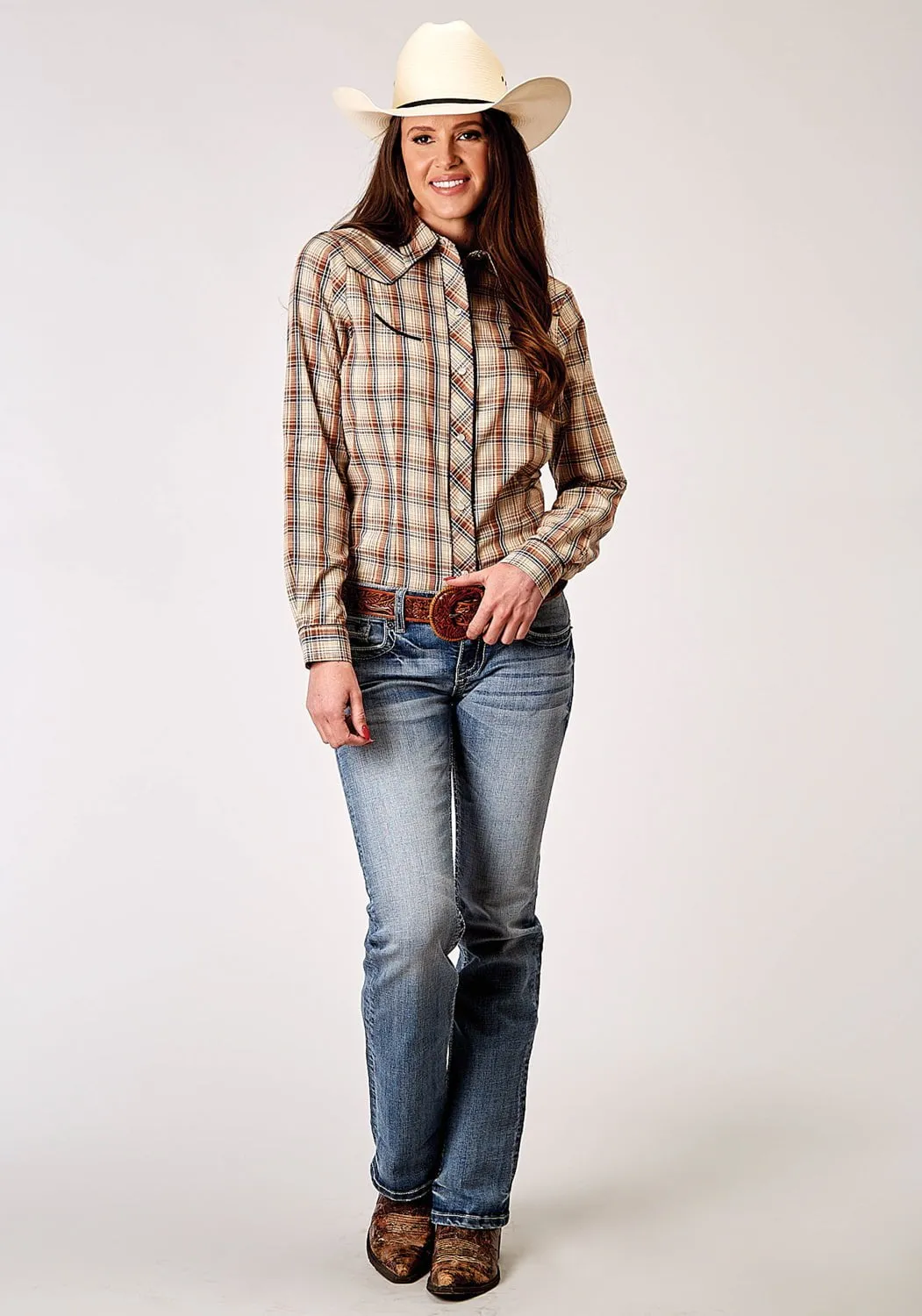 Reinforced Collar slim fit Roper Womens 1970 Plaid Brown Cotton Blend Retro L/S Shirt