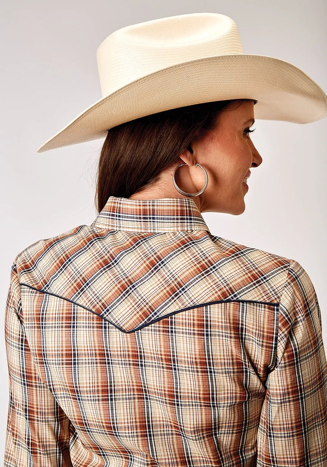 Roper Womens 1970 Plaid Brown Cotton Blend Retro L/S Shirt Anti Static Treatment
