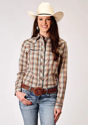 Roper Womens 1970 Plaid Brown Cotton Blend Retro L/S Shirt Embroidered Logo Earthy Hue Roper Womens 1970 Plaid Brown Cotton Blend Retro L/S Shirt