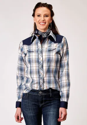 Roper Womens 1971 Madras Plaid Blue Cotton Blend Retro L/S Shirt Perfect Fit Active Comfort Geometric Shape Roper Womens 1971 Madras Plaid Blue Cotton Blend Retro L/S Shirt