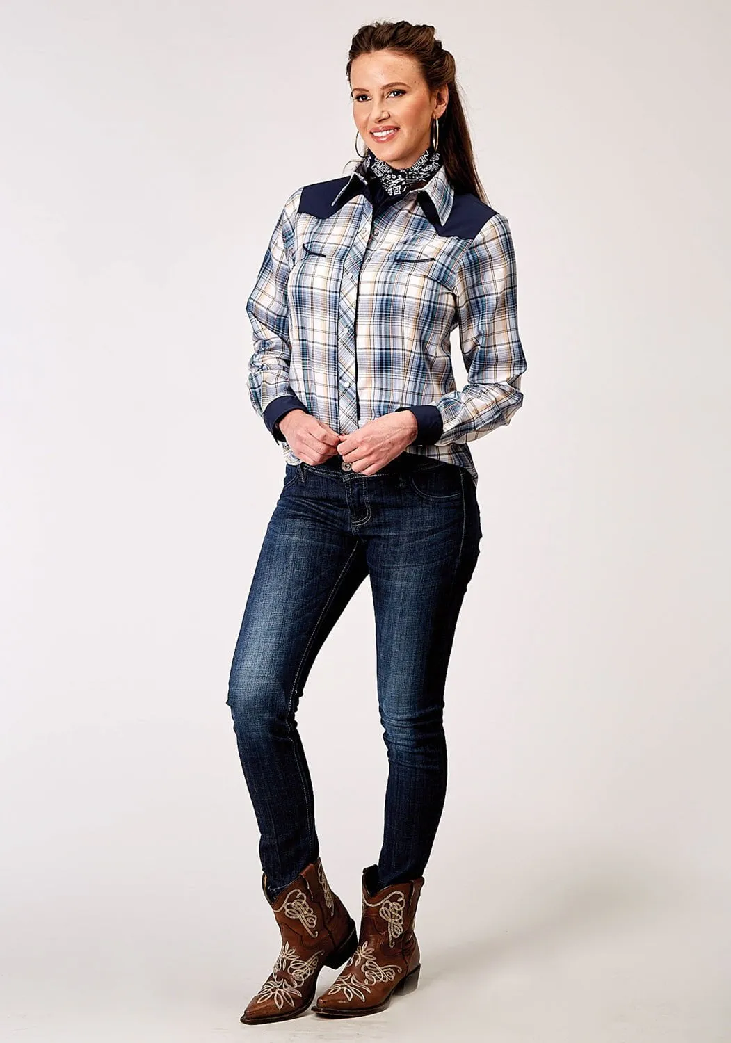 Comfy Layer Roper Womens 1971 Madras Plaid Blue Cotton Blend Retro L/S Shirt