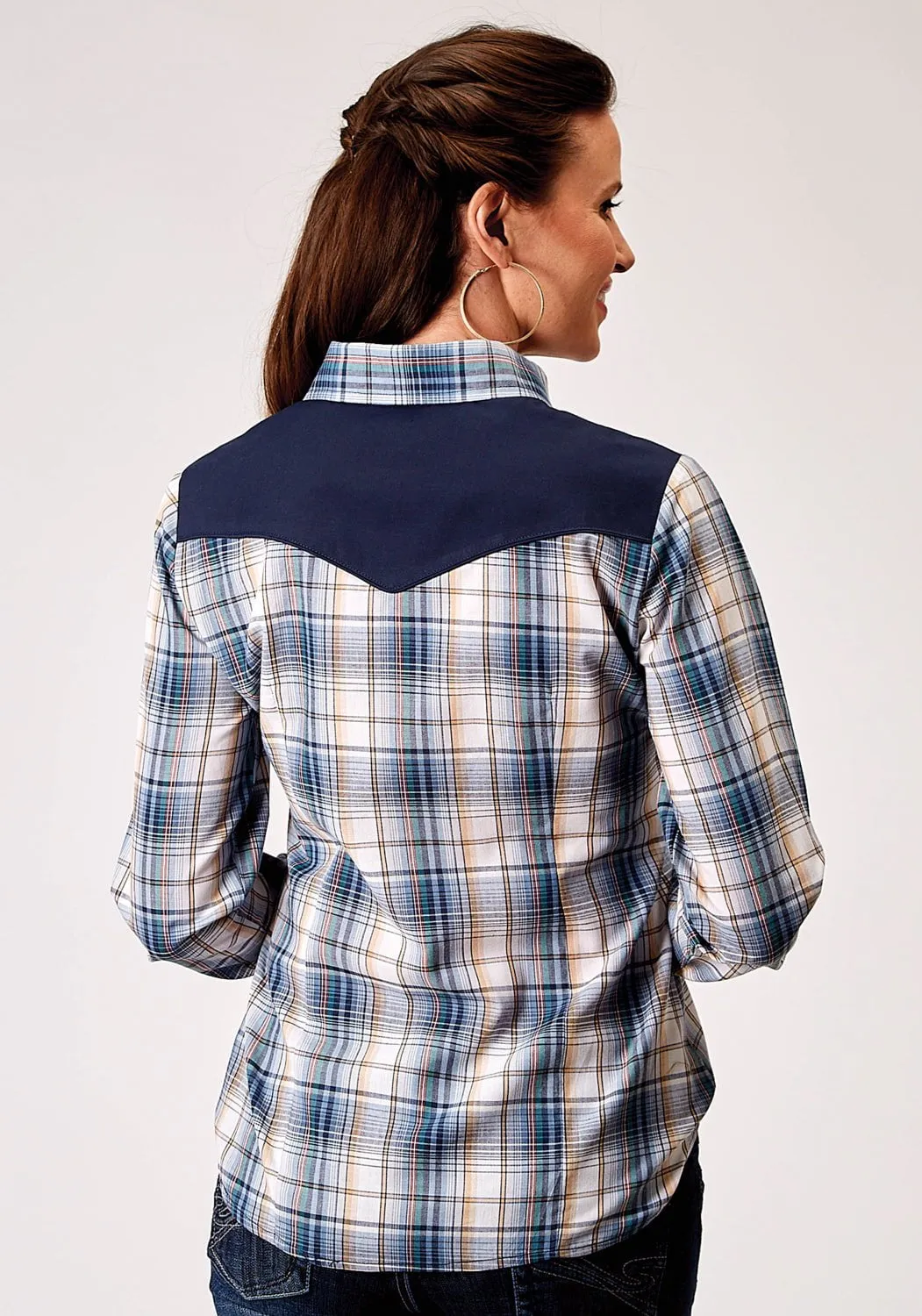 Timeless Classic Seasonal Style Roper Womens 1971 Madras Plaid Blue Cotton Blend Retro L/S Shirt