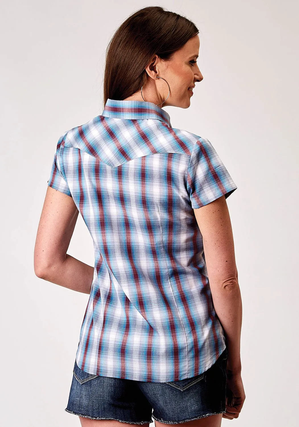 Roper Womens 1973 Americana Plaid Grey Cotton Blend S/S Shirt Eco Friendly Production