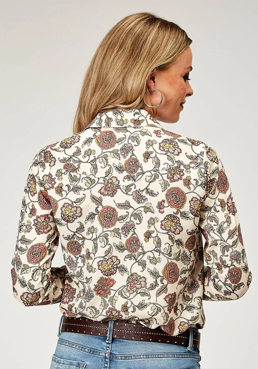 Tall friendly Everyday Layer Roper Womens 1977 Vintage Floral Cream 100% Rayon L/S Shirt