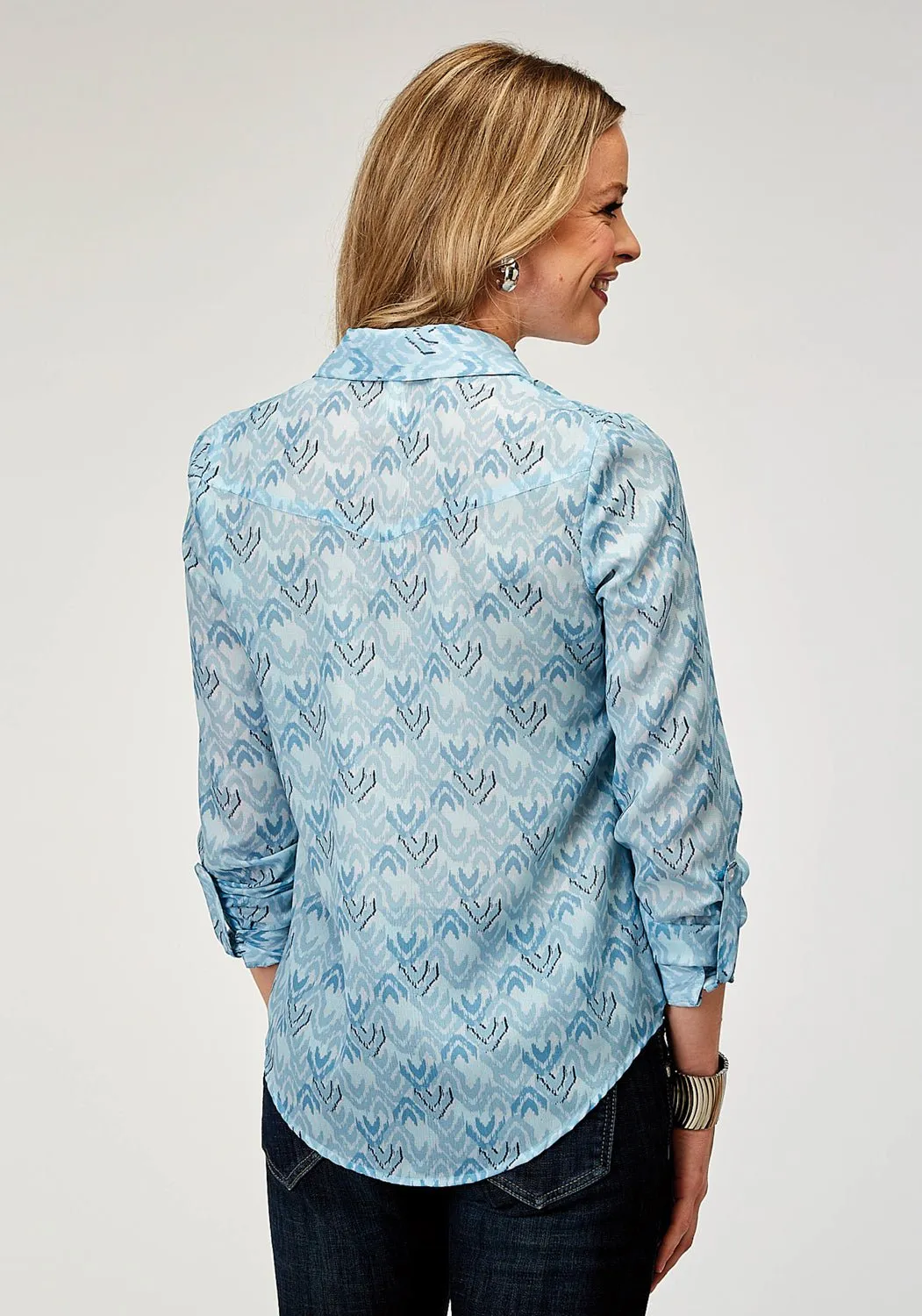 Workwear Casual Roper Womens 1978 Ikat Chevron Blue 100% Polyester L/S Shirt
