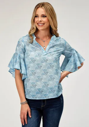 Roper Womens 1978 Ikat Chevron Blue 100% Polyester S/S Blouse Ripped Effect Roper Womens 1978 Ikat Chevron Blue 100% Polyester S/S Blouse Matte Finish