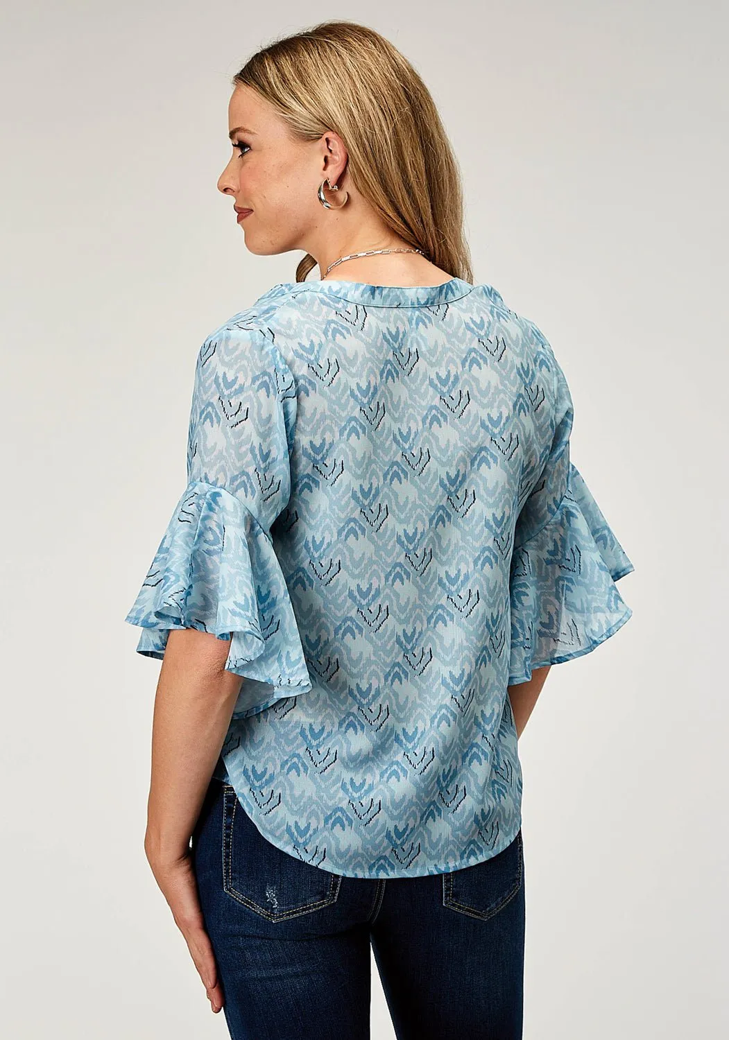 Non Static Finish Roper Womens 1978 Ikat Chevron Blue 100% Polyester S/S Blouse