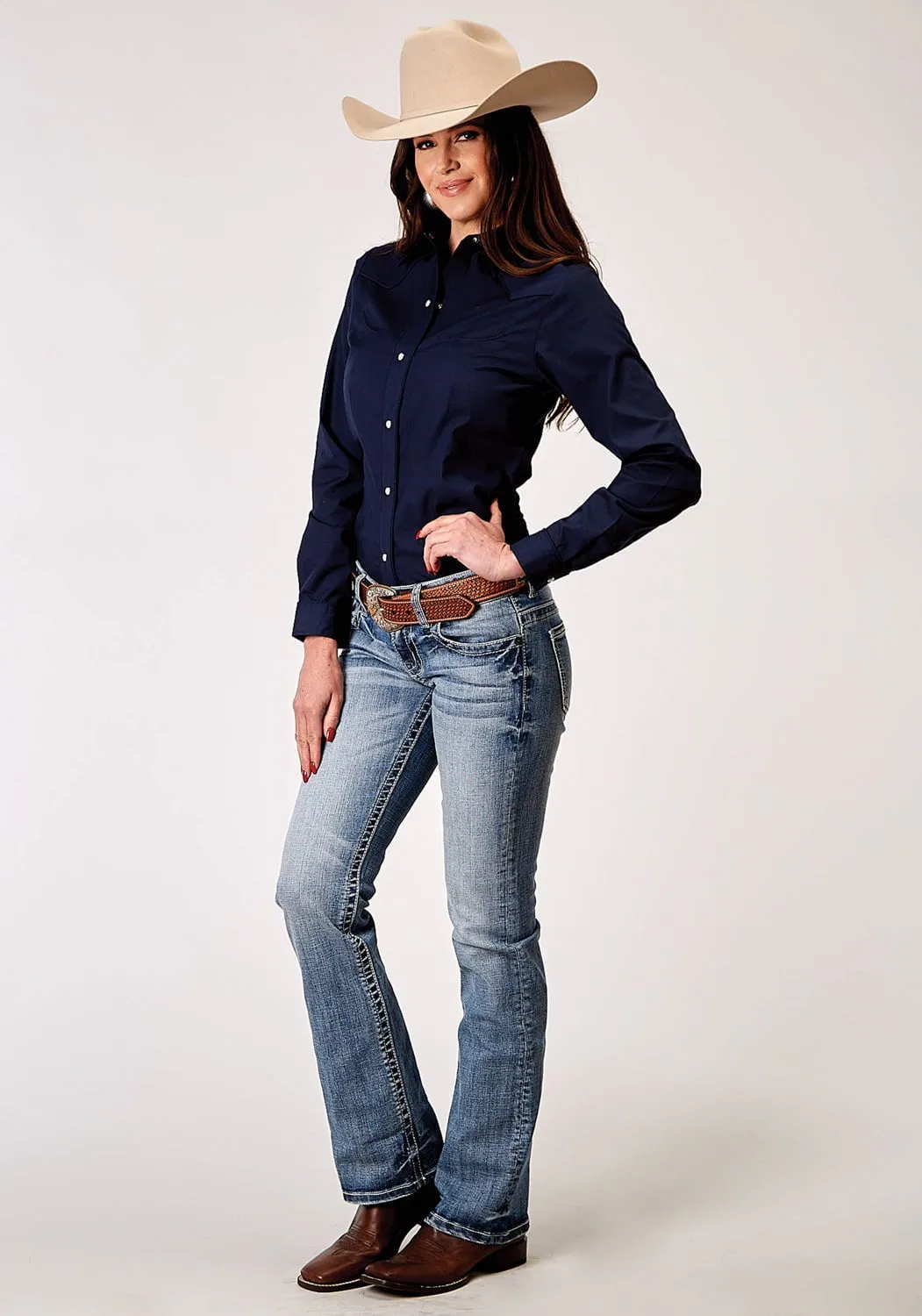 Earthy Hue Formal Elegance Roper Womens 1985 Broadcloth Deep Navy Cotton Blend L/S Shirt