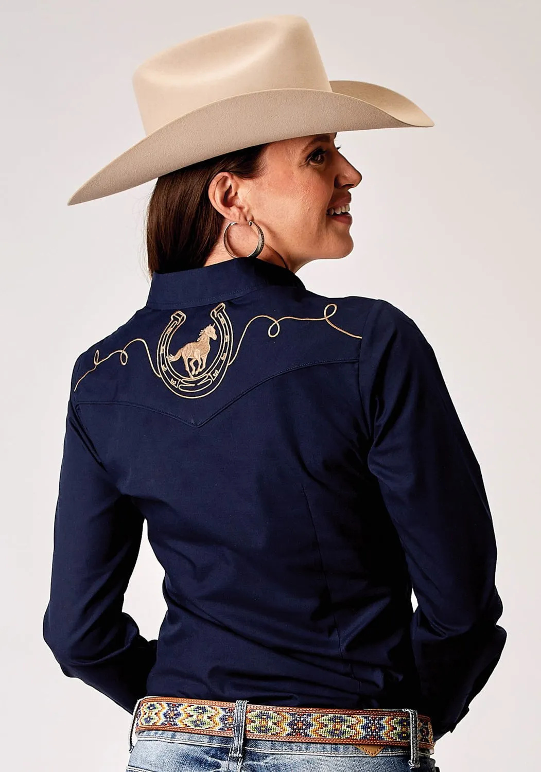 Roper Womens 1985 Broadcloth Deep Navy Cotton Blend L/S Shirt Workwear Option Embroidered Logo