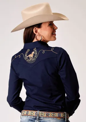 Roper Womens 1985 Broadcloth Deep Navy Cotton Blend L/S Shirt Effortless Comfort Roper Womens 1985 Broadcloth Deep Navy Cotton Blend L/S Shirt Workwear Option Embroidered Logo
