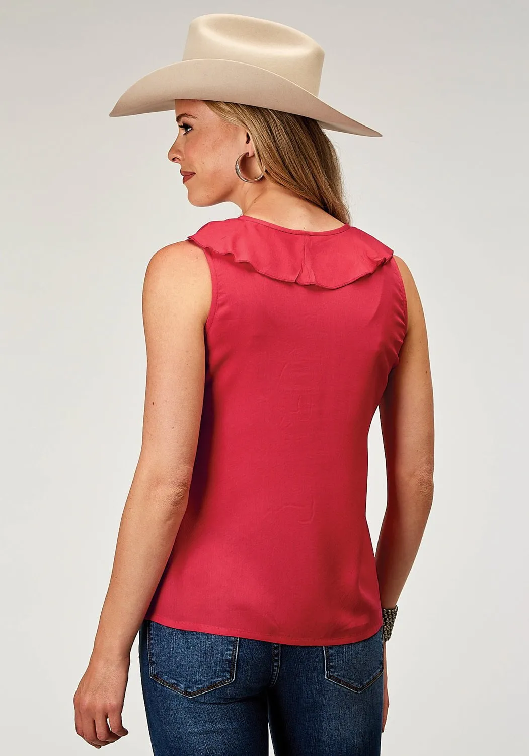 Roper Womens 1998 Front Ruffle Red 100% Rayon S/L Blouse Comfort First Fit Outerwear Companion
