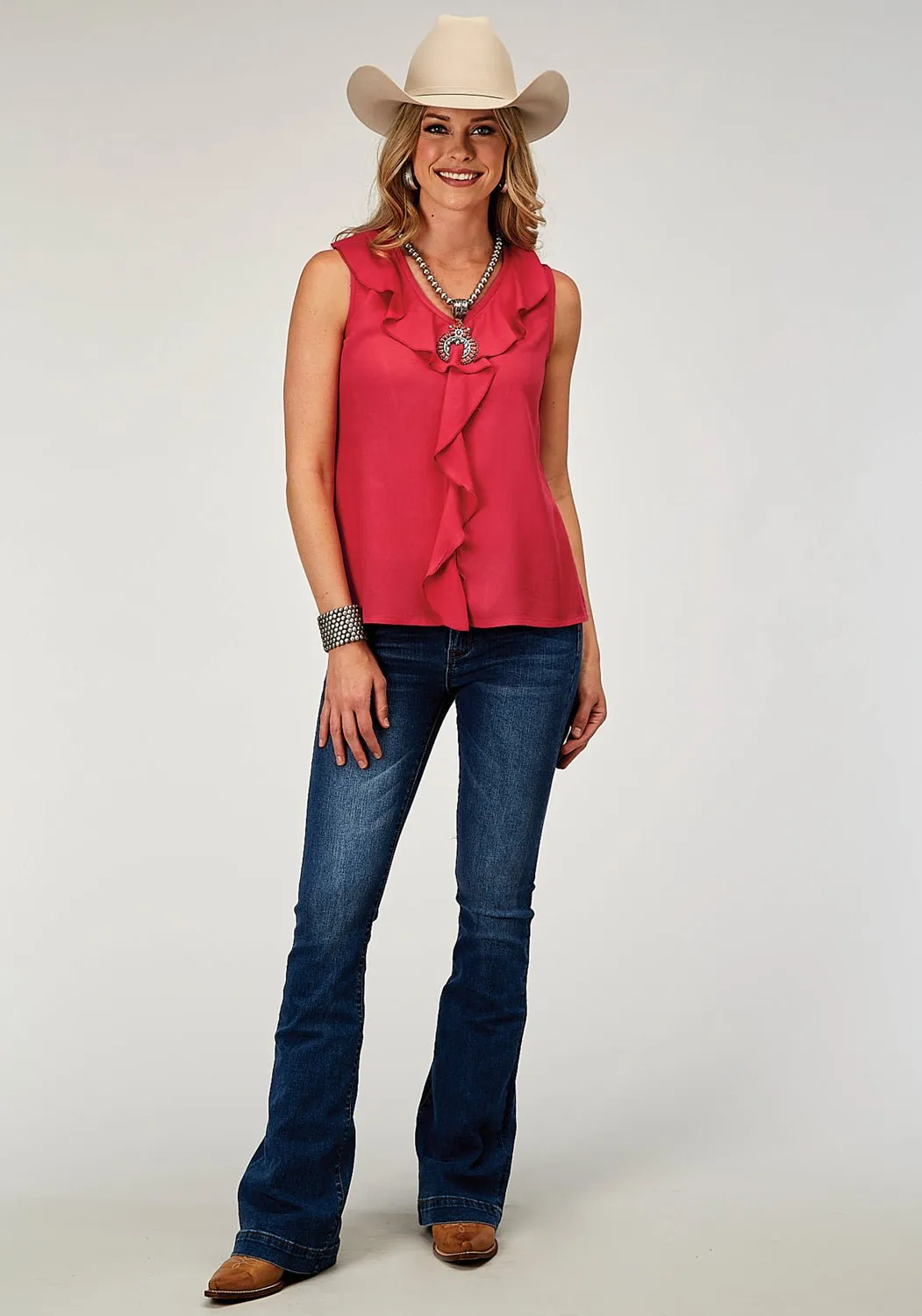 Sweat-Absorbing Travel-friendly Roper Womens 1998 Front Ruffle Red 100% Rayon S/L Blouse