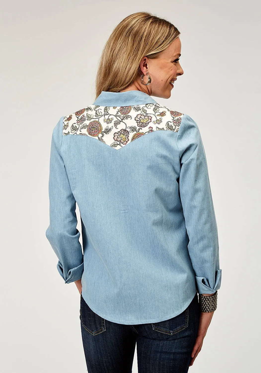 Resort Wear Roper Womens 1999 Pretty Retro Blue 100% Cotton L/S Shirt