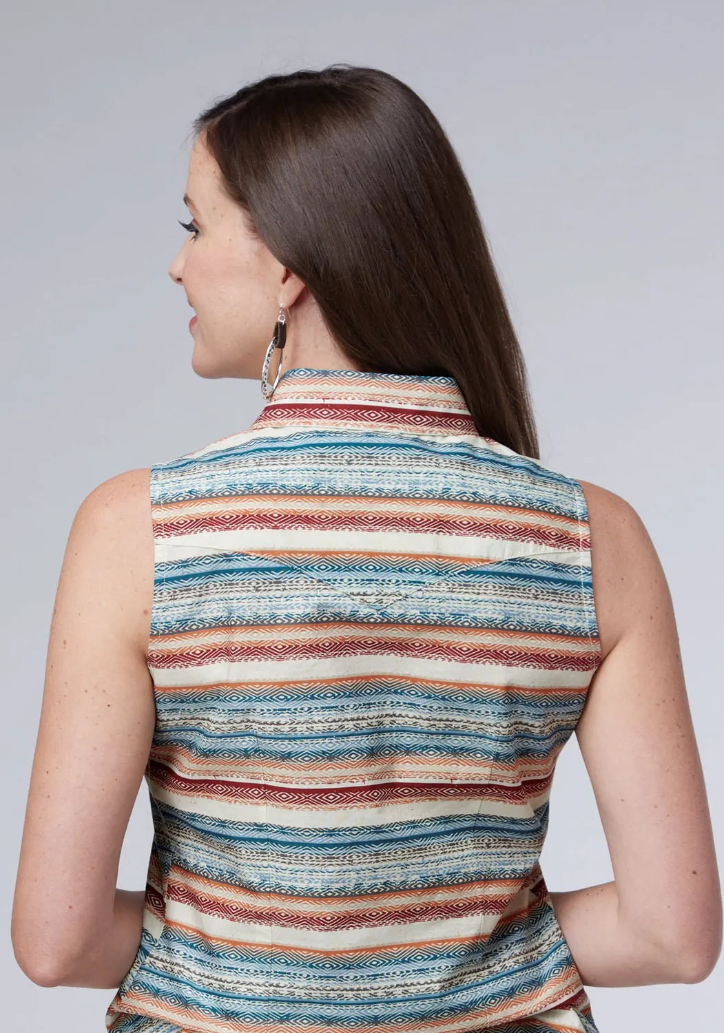 Roper Womens 2007 Distressed Aztec Cream 100% Cotton S/L Shirt Beach Attire Multi Functional Pockets