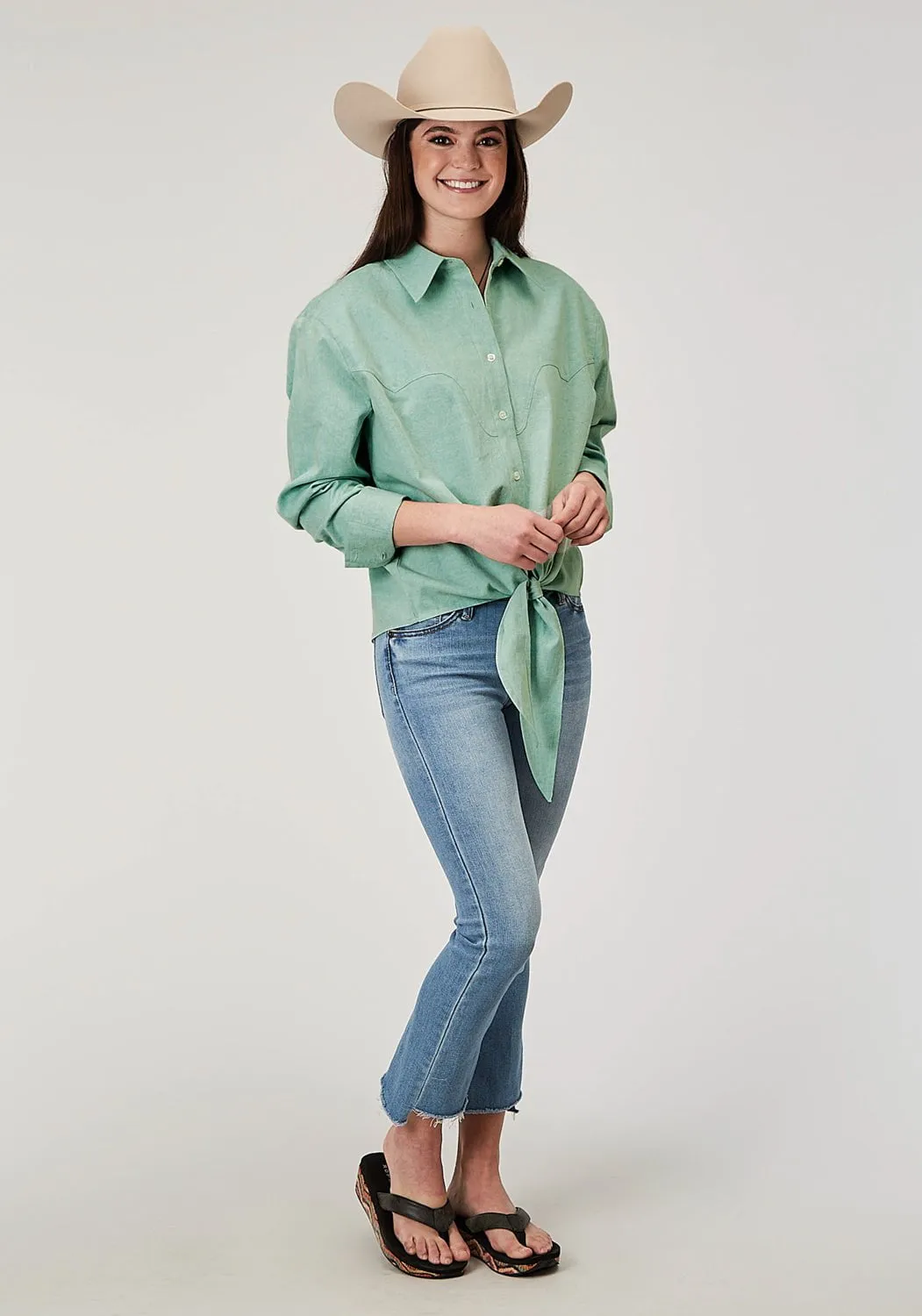 Roper Womens 2014 Denim Aqua 100% Cotton L/S Shirt Morning Comfort V-neck style