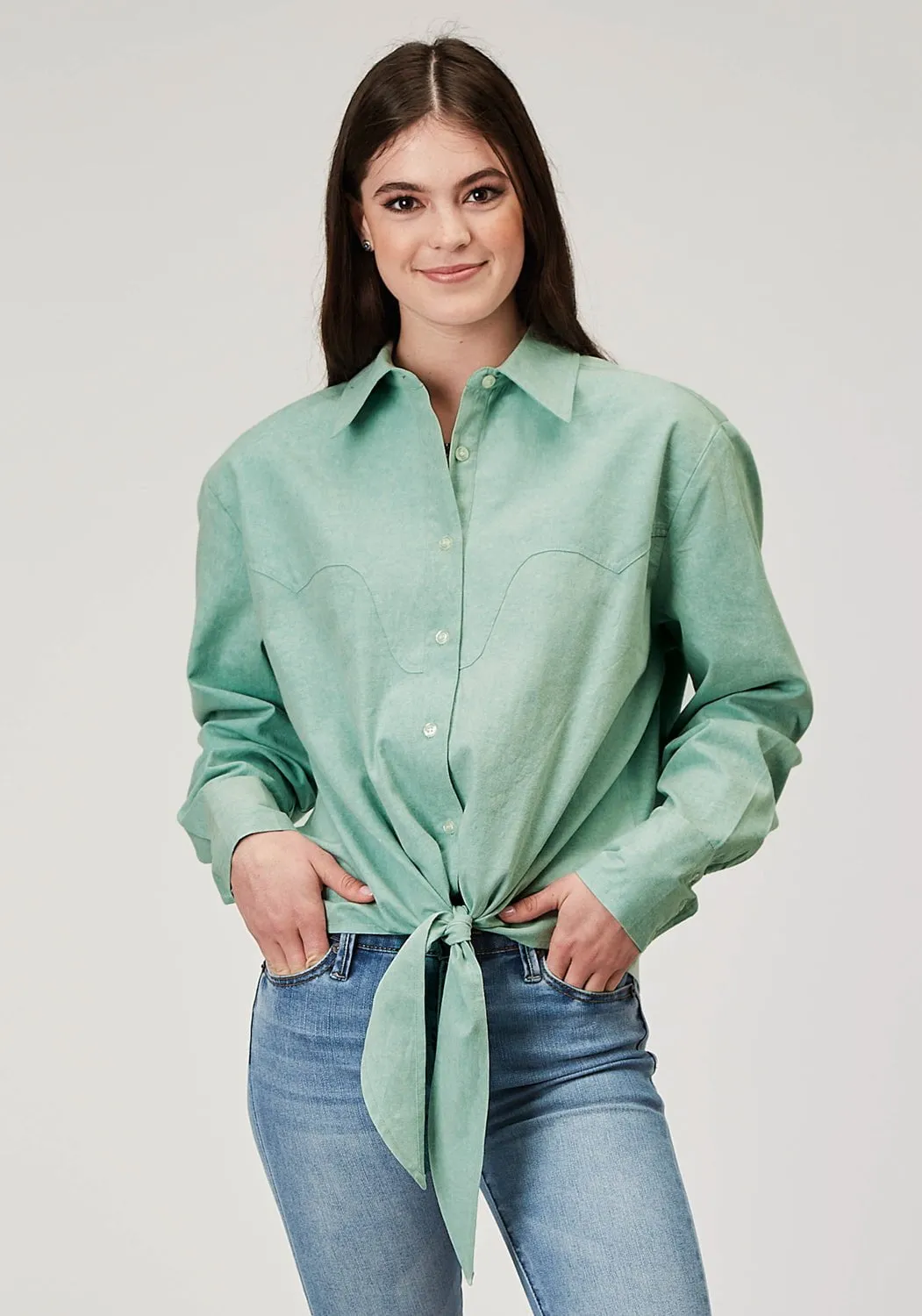 Slim Silhouette Double Stitched Hems Roper Womens 2014 Denim Aqua 100% Cotton L/S Shirt