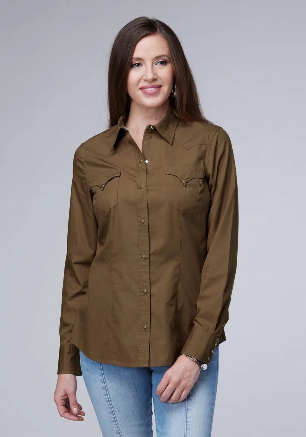 Classic Fit Polished Placket Roper Womens 2044 Solid Poplin Cocoa 100% Cotton L/S Shirt