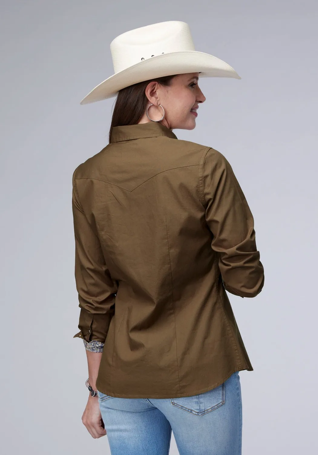 Printed design Student Essential Roper Womens 2044 Solid Poplin Cocoa 100% Cotton L/S Shirt