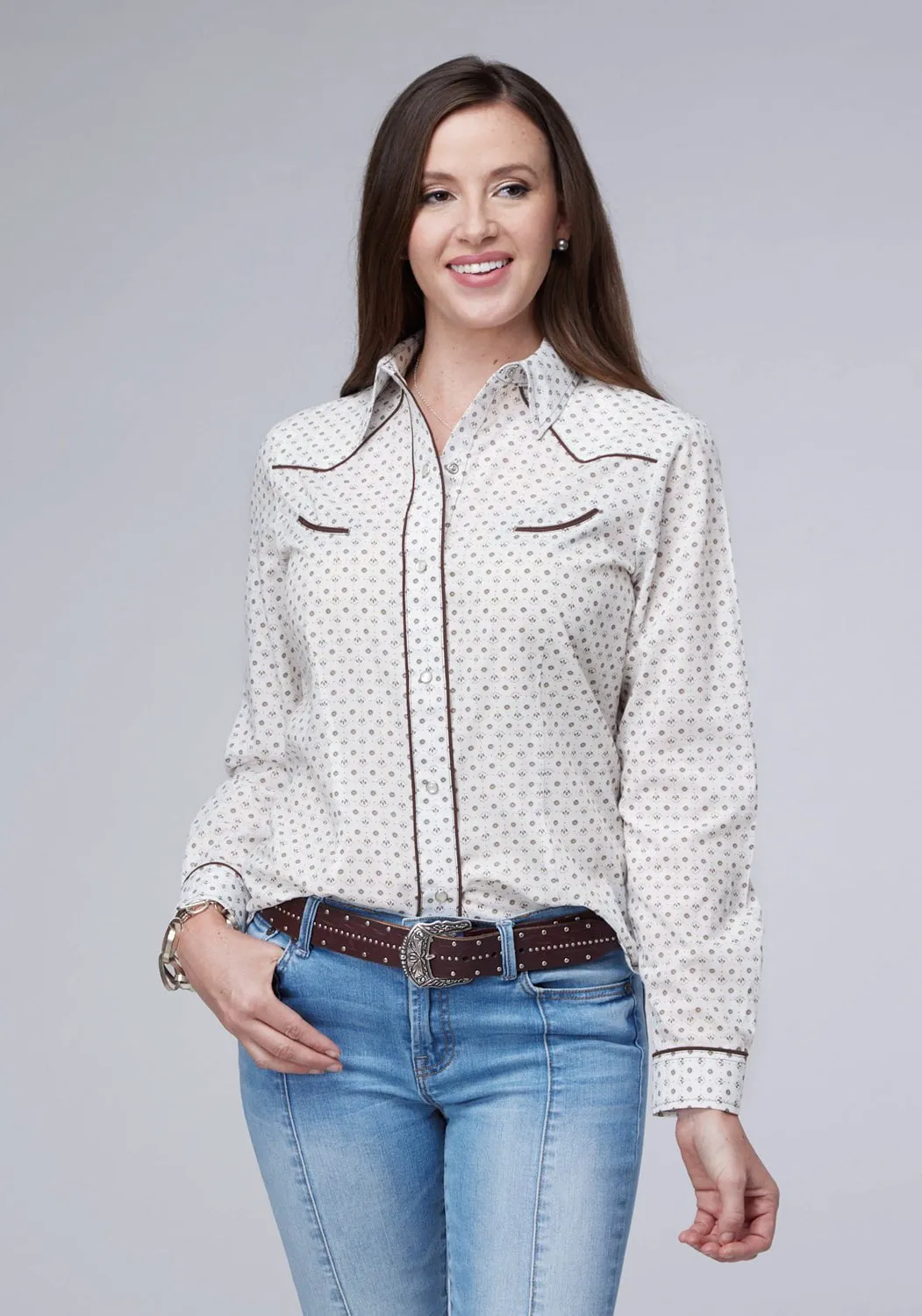 Floral Motif Roper Womens 2065 Mini Floral White/Black Cotton Blend L/S Shirt
