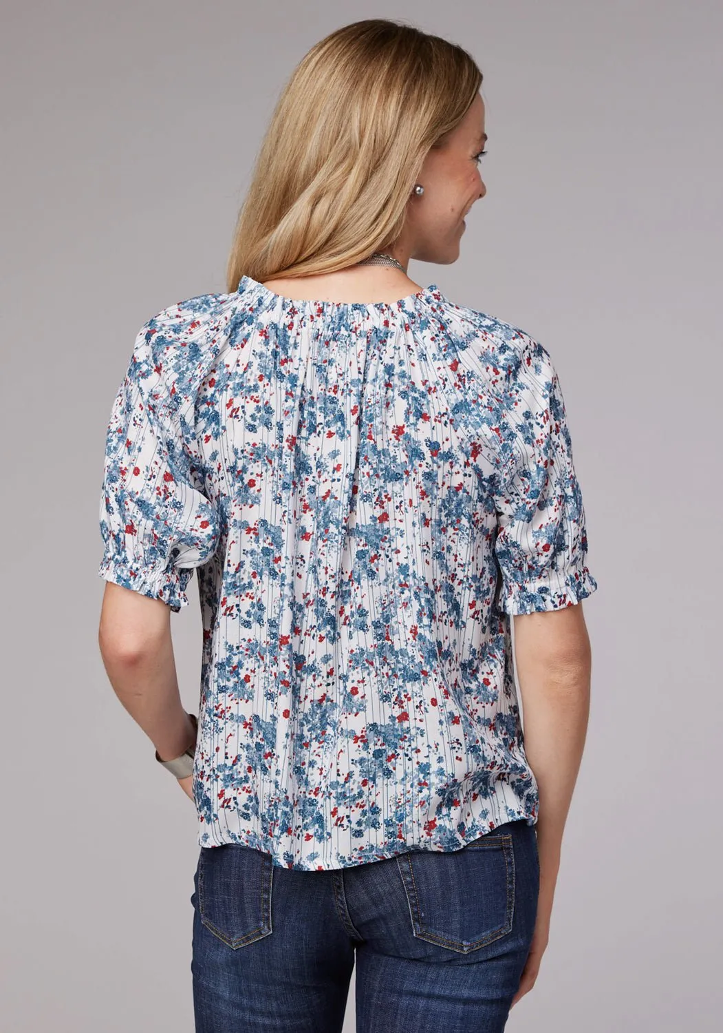 Metallic Finish Roper Womens 2074 Ditzy Floral White 100% Rayon S/S Blouse