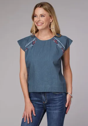 Roper Womens 2081 Embroidered Medium Blue 100% Cotton S/S Blouse button-down Trendy Fashion Non Irritating Seams Roper Womens 2081 Embroidered Medium Blue 100% Cotton S/S Blouse