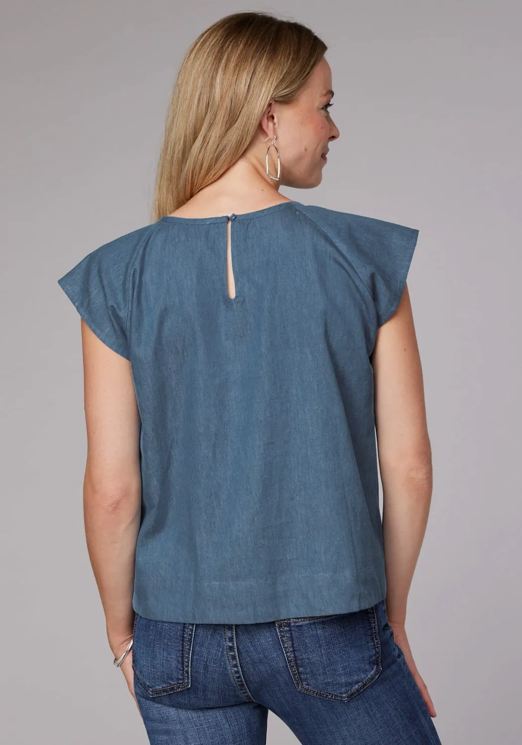 Roper Womens 2081 Embroidered Medium Blue 100% Cotton S/S Blouse Light Comfort