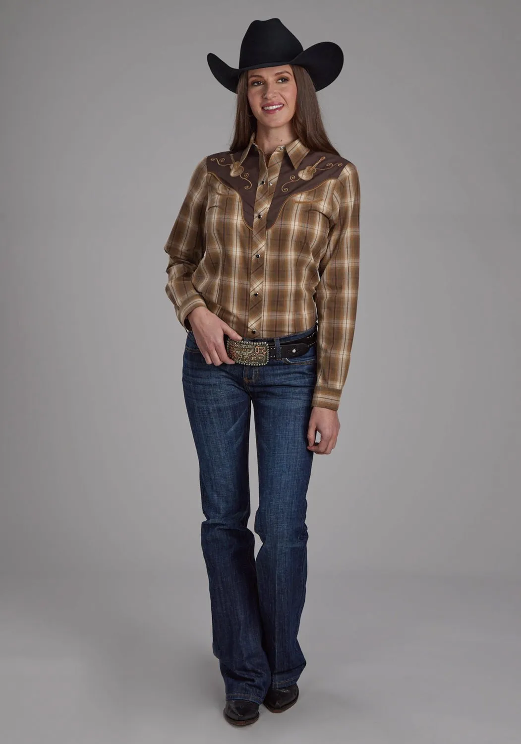 Flexible Placket Structure Nautical Look Roper Womens 2107 Plaid Yoke Tobacco/Red Cotton Blend L/S Shirt
