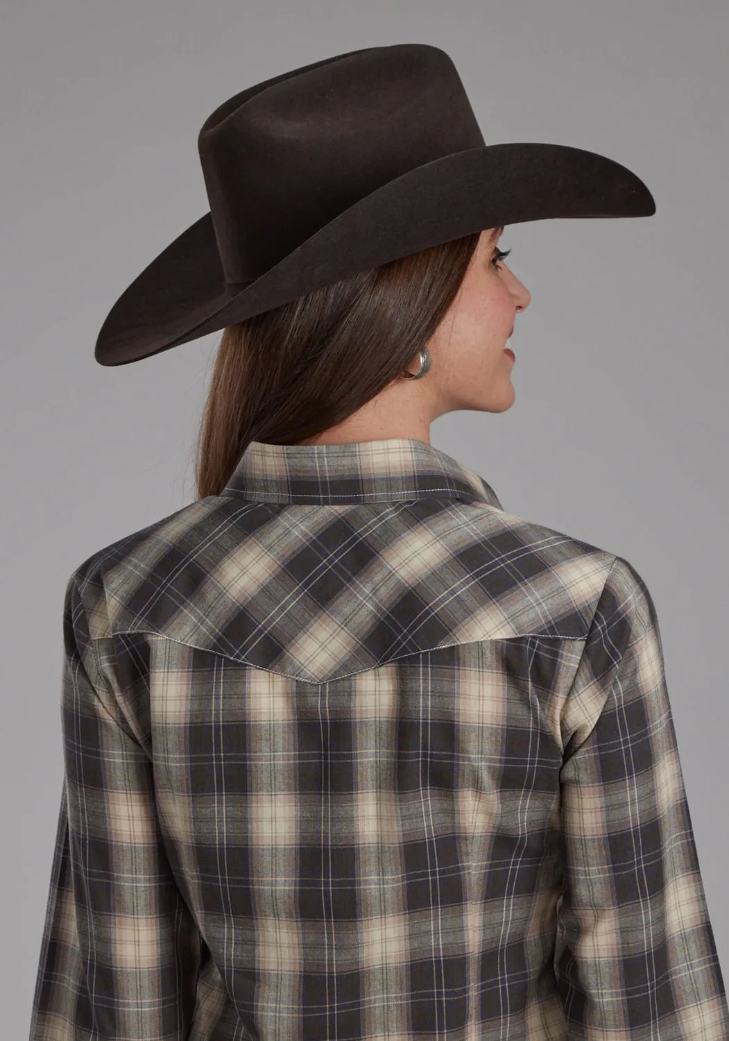 Roper Womens 2108 Plaid Grey/Tan Cotton Blend L/S Shirt Soft Feel Cultural Inspired
