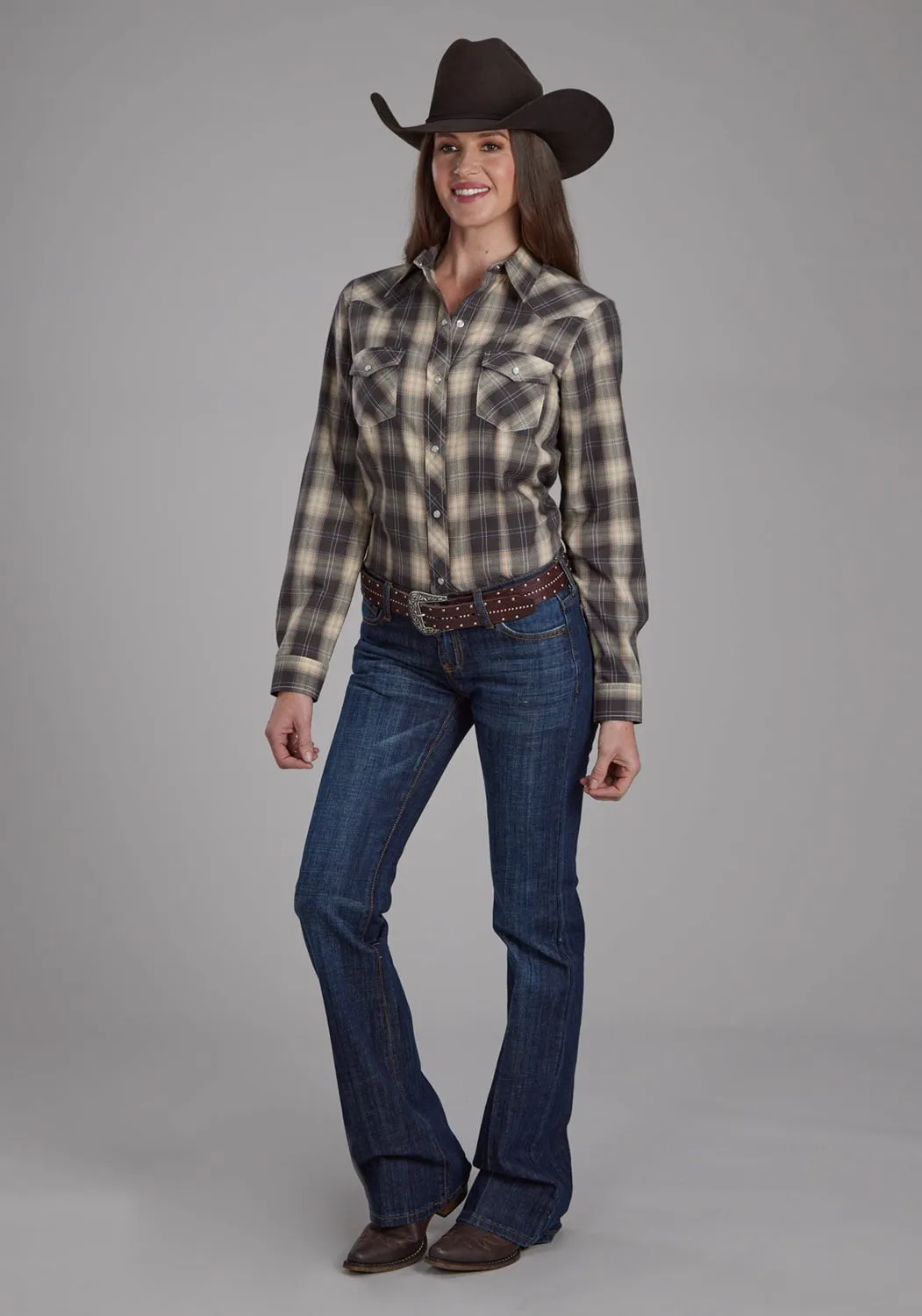 Roper Womens 2108 Plaid Grey/Tan Cotton Blend L/S Shirt Vibrant Hue Button-up
