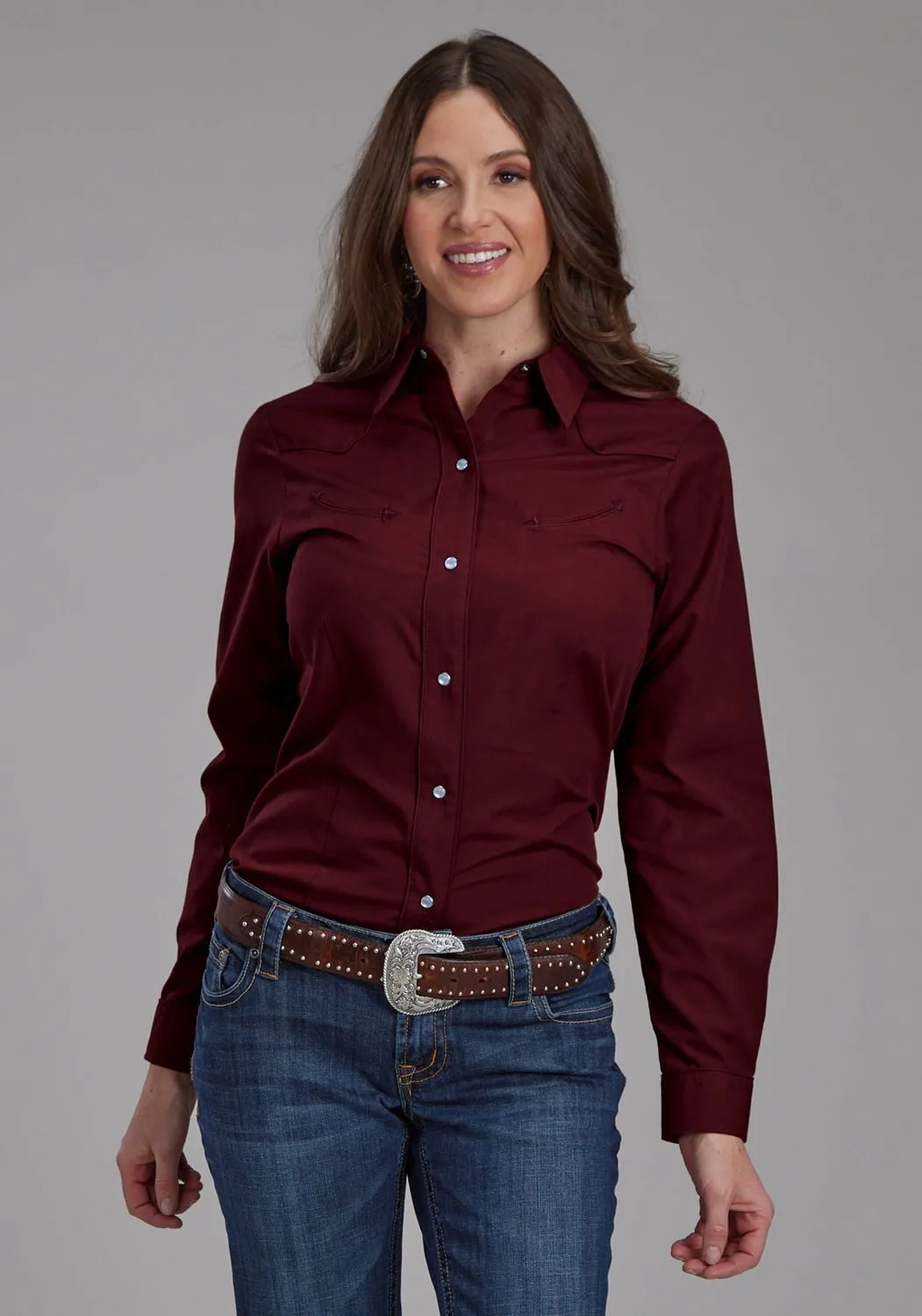Sustainable Weave Reinforced Collar Roper Womens 2124 Broadcloth Longhorn Wine Cotton Blend L/S Shirt