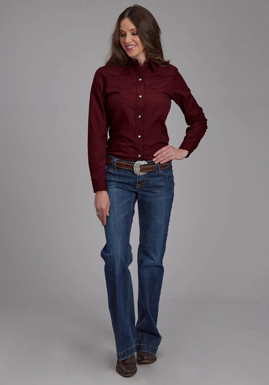 high-low hem Roper Womens 2124 Broadcloth Longhorn Wine Cotton Blend L/S Shirt
