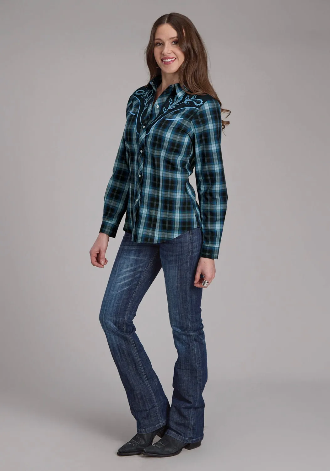 Roper Womens 2128 Windowpane Plaid Multi Blue Cotton Blend L/S Shirt High-Quality Craftsmanship
