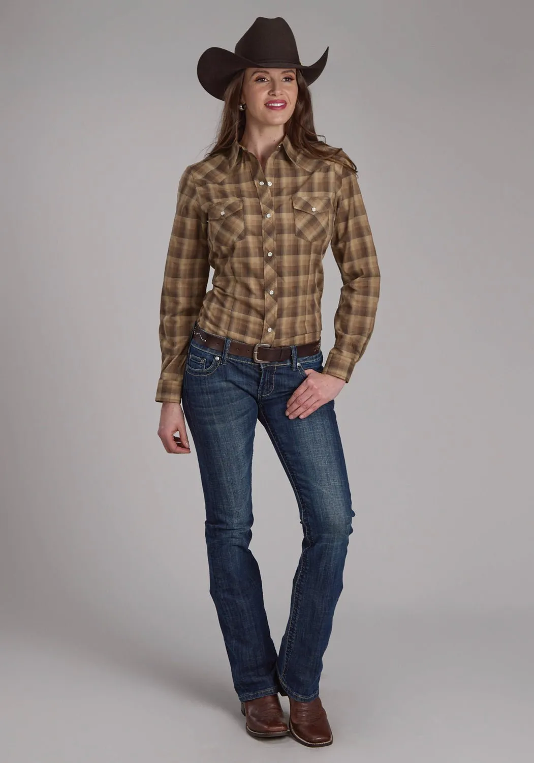 Roper Womens 2129 Ombre Plaid Brown/Tan Cotton Blend L/S Shirt Versatile Wear
