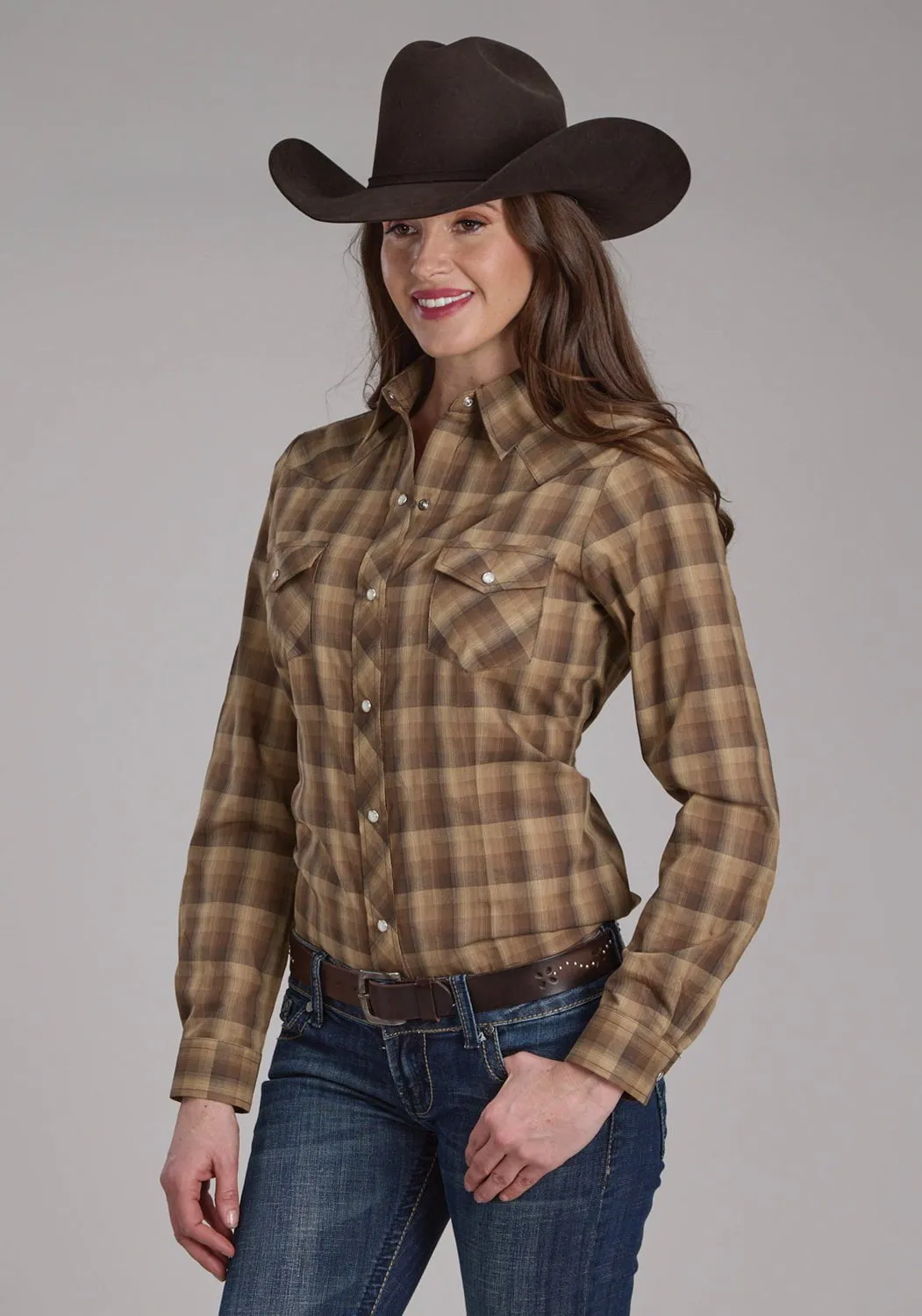 Corporate Wear Roper Womens 2129 Ombre Plaid Brown/Tan Cotton Blend L/S Shirt