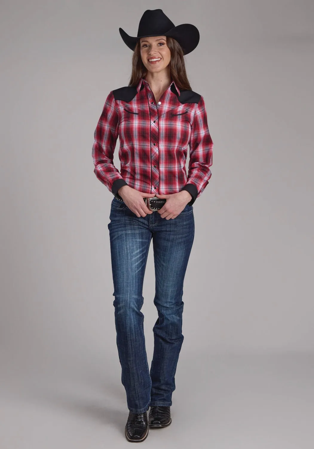 Roper Womens 2131 Plaid Red/White Cotton Blend L/S Shirt Casual Day Sporty Design
