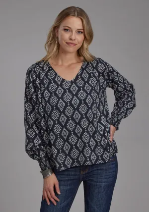 Roper Womens 2133 Ikat Black 100% Rayon V-Neck L/S Blouse Ripped Effect Roper Womens 2133 Ikat Black 100% Rayon V-Neck L/S Blouse Travel-friendly Errand Ready