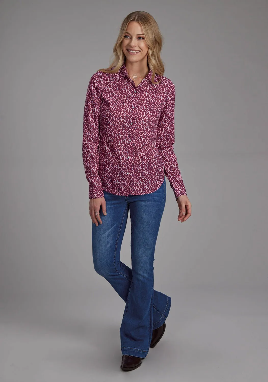 Roper Womens 2134 Leopard Red Multi 100% Polyester L/S Blouse Corporate Event